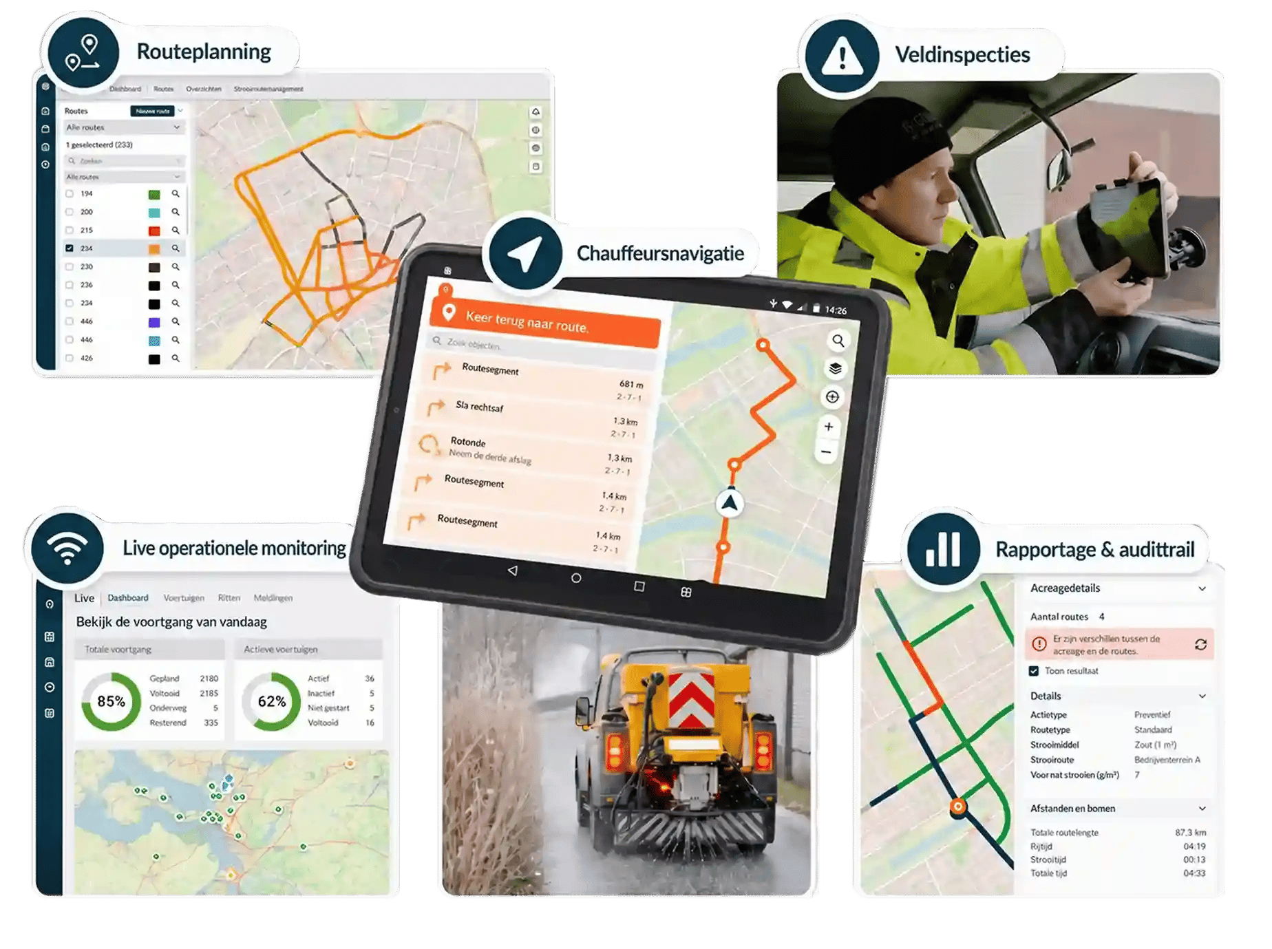 vertaal naar NL: At Jewel, we understand that effective winter management is about keeping streets safe and accessible under challenging conditions. Ice and snow create risks for traffic and pedestrians and demand clear planning, reliable execution, and real-time oversight. Jewel’s smart software digitises winter service workflows from planning to execution, helping councils and contractors stay in control, coordinate teams efficiently, and respond quickly when conditions change.    Bij Jewel begrijpen we dat effectieve gladheidbestrijding draait om het veilig en bereikbaar houden van wegen onder uitdagende omstandigheden. Sneeuw en gladheid brengen risico’s met zich mee voor verkeer en voetgangers en vragen om een duidelijke planning, betrouwbare uitvoering en actueel inzicht.  De slimme software van Jewel digitaliseert het volledige proces van gladheidbestrijding, van planning tot uitvoering. Zo houden gemeenten en aannemers grip op de operatie, kunnen teams efficiënt samenwerken en kan er snel worden ingespeeld op veranderende omstandigheden.  Duidelijk overzicht van werkzaamheden en voortgang Continue routeoptimalisatie Veilige routenavigatie voor chauffeurs Softwareoplossingen voor gladheidbestrijding  Routenavigatie De routenavigatie van Jewel gebruikt gesproken afslag-voor-afslag instructies om chauffeurs veilig langs vooraf ingestelde strooiroutes te begeleiden. Zo kunnen zij hun ogen op de weg houden in plaats van op de tablet.  Werkvoorbereiding Werkvoorbereiding brengt routes, voertuigen en operationele informatie vóór de inzet samen. Zo kunnen teams strooiacties efficiënt voorbereiden en starten chauffeurs altijd met duidelijke en actuele instructies.  Routeoptimalisatie Efficiënte strooiroutes helpen organisaties om personeel en middelen beter in te zetten. Met realtime voortgangsinzicht en betrouwbare operationele data kunnen teams routes continu optimaliseren en strooirondes efficiënter uitvoeren.  Kernonderdelen:  Efficiënte inzet van personeel en materieel Plan routes en zet middelen effectiever in. Zo voorkom je onnodige inzet en verlaag je de totale kosten van de gladheidbestrijding.  Sneller reageren op veranderende omstandigheden Pas routes en operationele plannen snel aan wanneer weers- of wegomstandigheden onverwacht veranderen.  Duidelijk inzicht in de operatie Krijg inzicht in inzet, kosten, afgeronde routes en de resultaten van strooiacties, zowel tijdens als na een inzet.  Eenvoudige digitale workflows Vervang papieren processen door duidelijke digitale informatie en actuele instructies. Zo verloopt de communicatie tussen binnen- en buitendienst eenvoudiger.  Betere samenwerking Houd planners, chauffeurs, aannemers en andere betrokkenen verbonden via dezelfde operationele informatie. Zo werkt iedereen vanuit één actueel beeld.  Veilige gesproken navigatie voor chauffeurs Gesproken routebegeleiding en instructies helpen chauffeurs de juiste strooiroute te volgen zonder voortdurend op de tablet te hoeven kijken. Zo kunnen zij hun ogen op de weg houden en zich volledig richten op veilig rijden.  Alle onderdelen van de gladheidbestrijding komen samen in één geïntegreerd platform. Werkvoorbereiding, uitvoering en operationeel inzicht zijn met elkaar verbonden, zodat teams wegen veilig kunnen houden en snel kunnen reageren wanneer omstandigheden veranderen.  Winter Management Route Optimisation Jewel Web App  Routeoptimalisatie voor gladheidbestrijding in de Jewel-webapplicatie  Winter Management Work Preperation  Werkvoorbereiding voor gladheidbestrijding  Winter Management Route Navigation Jewel App  Routenavigatie voor gladheidbestrijding in de Jewel-app  Read how smart route planning tackles icy conditions efficiently    Lees hoe slimme routeplanning helpt om gladheid efficiënt aan te pakken.  FAQ - Gladheidbestrijding  Vind het antwoord op veelgestelde vragen over Jewel Software voor gladheidbestrijding  Wat is gladheidbestrijding?  Gladheidbestrijding omvat de planning, voorbereiding en uitvoering die nodig zijn om wegen, fietspaden en andere openbare ruimtes tijdens winterse omstandigheden veilig en toegankelijk te houden.  Dit omvat onder andere strooi- en pekelroutes, sneeuwruimen, routeplanning, de coördinatie van chauffeurs en het monitoren van de uitvoering van de gladheidbestrijding.  Effectieve gladheidbestrijding helpt organisaties om:  De veiligheid te verbeteren door risico’s als gevolg van sneeuw en gladheid te beperken. De bereikbaarheid te behouden, zodat wegen, fietspaden en belangrijke routes beschikbaar blijven. Snel te reageren wanneer weers- en wegomstandigheden veranderen. Personeel en materieel efficiënt in te zetten tijdens de gladheidbestrijding. De continuïteit van essentiële diensten te waarborgen tijdens perioden met extreem winterweer.  Digitale software voor gladheidbestrijding, zoals Jewel, verbindt voorbereiding, routeplanning, uitvoering en rapportage. Zo kunnen teams de volledige gladheidbestrijding vanuit één platform coördineren.  Wie is verantwoordelijk voor gladheidbestrijding?  Wat biedt de software van Jewel voor gladheidbestrijding?  Hoe ondersteunt Jewel rapportage en verantwoording?  Hoe ondersteunt Jewel chauffeurs tijdens de uitvoering?  Hoe draagt Jewel bij aan veiligere wegen in de winter?  Hoe snel kunnen we Jewel in gebruik nemen voor gladheidbestrijding?  Hoe zit het met de training van seizoenschauffeurs?  Local authorities are typically responsible for winter maintenance within their area, ensuring that priority roads, cycle routes and other key routes remain safe and accessible during winter conditions.  The operational work is often carried out by in-house teams, contractors or other service providers responsible for gritting, spreading and snow clearance.  Lokale overheden zijn doorgaans verantwoordelijk voor de gladheidbestrijding binnen hun gebied. Zij zorgen ervoor dat belangrijke wegen, fietsroutes en andere prioritaire routes tijdens winterse omstandigheden veilig en toegankelijk blijven.  De uitvoering wordt vaak verzorgd door eigen buitendiensten, aannemers of andere dienstverleners die verantwoordelijk zijn voor het strooien, pekelen en sneeuwruimen.  Jewel’s winter management software supports the complete winter maintenance operation, from work preparation and route planning to safe execution, monitoring and reporting. Teams can create and optimise gritting routes, prepare drivers and vehicles, and quickly adjust plans when weather or road conditions change.  De gladheidsbestrijdingssoftware van Jewel ondersteunt het volledige proces, van werkvoorbereiding en routeplanning tot veilige uitvoering, monitoring en rapportage. Teams kunnen strooiroutes aanmaken en optimaliseren, chauffeurs en voertuigen voorbereiden en plannen snel aanpassen wanneer weers- of wegomstandigheden veranderen.  Every action is logged automatically. This makes it easy to demonstrate compliance with service-level agreements or legal requirements, and to answer citizen inquiries.    Elke actie wordt automatisch vastgelegd. Zo kun je eenvoudig aantonen dat aan afspraken en wettelijke vereisten is voldaan en vragen van inwoners snel en onderbouwd beantwoorden.  Drivers follow clear, step-by-step instructions on their tablet, showing exactly where to go and what to do. This avoids confusion, even when a different driver covers the route.    Chauffeurs volgen duidelijke, stapsgewijze instructies op hun tablet, zodat precies duidelijk is waar ze naartoe moeten en wat er moet gebeuren. Dit voorkomt onduidelijkheid, ook wanneer een andere chauffeur de route overneemt.  By ensuring that gritting and plowing are done precisely where needed, Jewel reduces the risk of untreated roads. Updated routes and live data help drivers respond quickly to changing conditions.    Door ervoor te zorgen dat strooien en sneeuwruimen precies daar plaatsvinden waar dat nodig is, helpt Jewel het risico op onbehandelde wegen te verkleinen. Actuele routes en live data stellen chauffeurs in staat om snel in te spelen op veranderende omstandigheden.  The winter management module can be implemented quickly, often within weeks, and adapted to existing routes and vehicles.    De module voor gladheidbestrijding kan snel worden geïmplementeerd, vaak binnen enkele weken, en eenvoudig worden afgestemd op bestaande routes en voertuigen.  Training is quick and simple. Even seasonal staff with little digital experience can follow the system after a short introduction.    De training is snel en eenvoudig. Ook seizoensmedewerkers met weinig digitale ervaring kunnen na een korte introductie goed met het systeem werken.  Winter Management Jewel Platform  Jewel-platform voor gladheidbestrijding